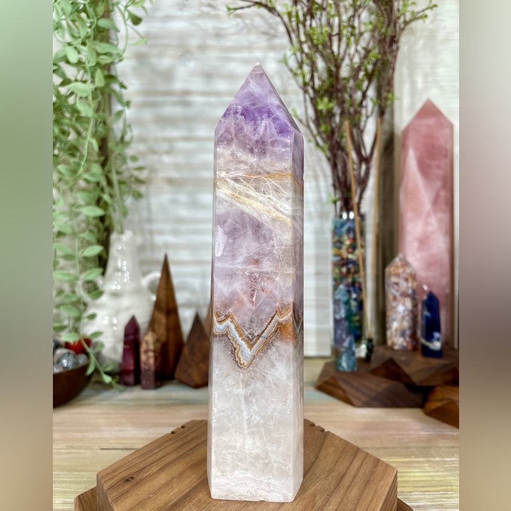 0964 Crazy Lace Agate with Purple Amethyst Crystal Tower - Large 7 Inches Tall